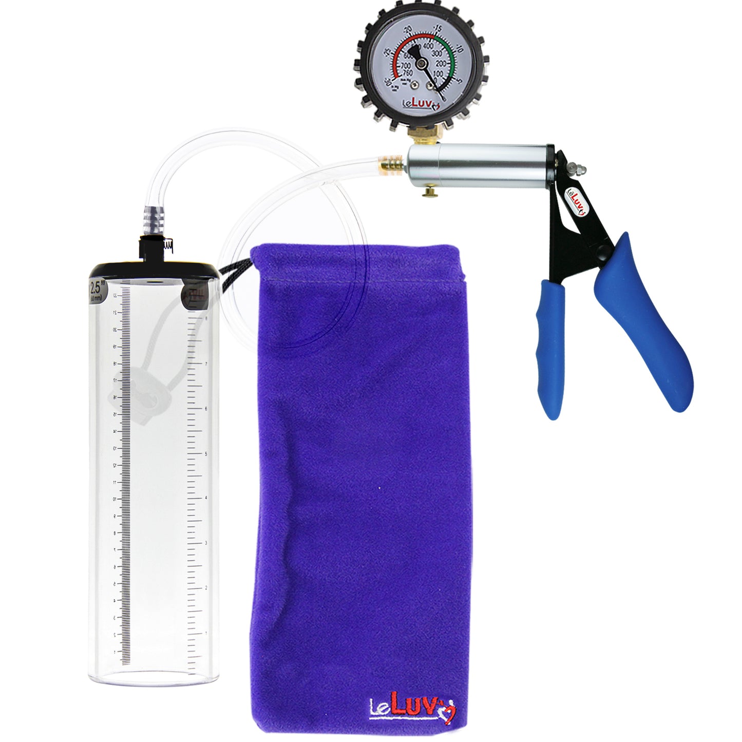 Ultima Silver Blue Penis Pump | Silicone Grip, Clear Hose + Protected Gauge | 9" x 2.5" Thick-Walled Cylinder