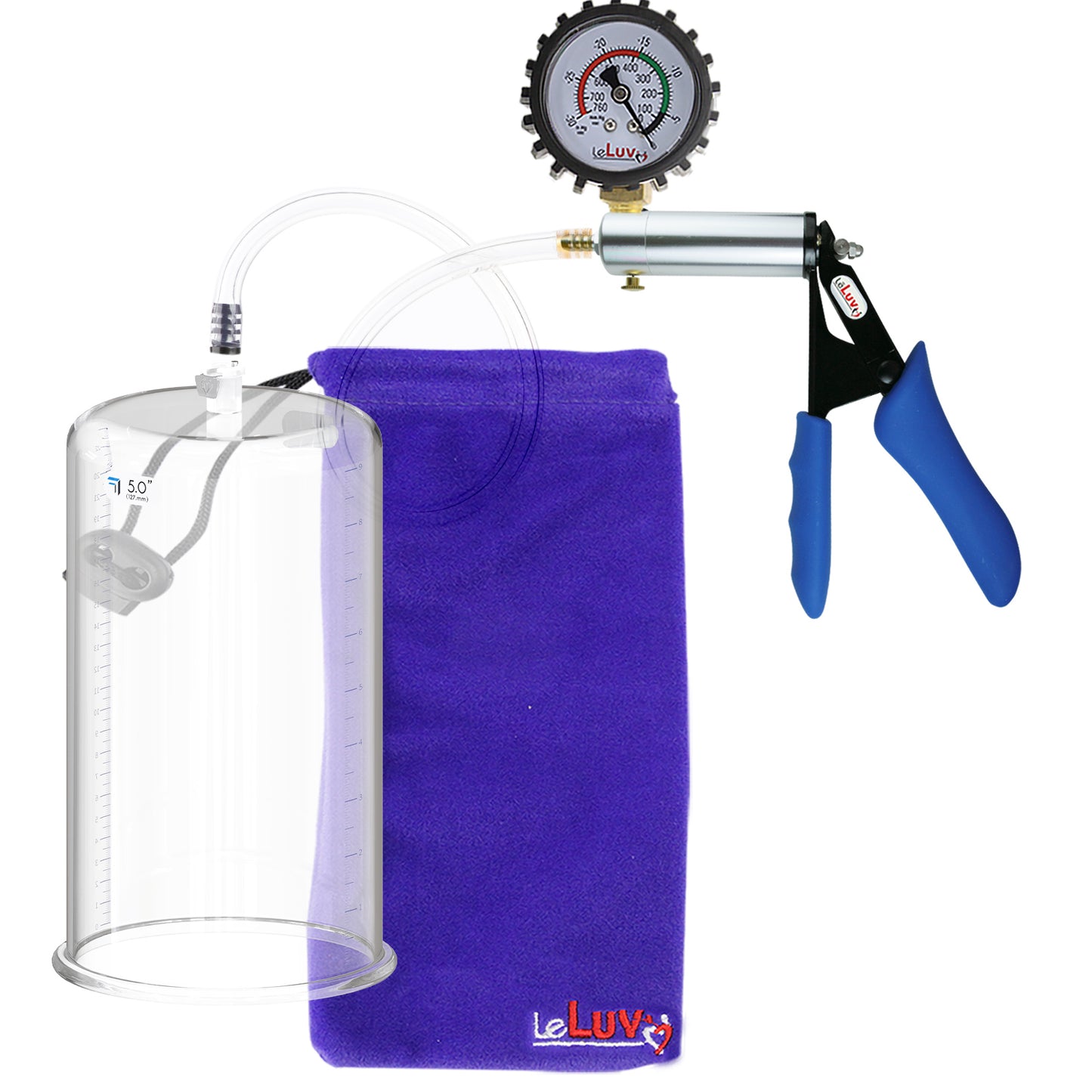 Ultima Silver Blue Penis Pump | Silicone Grip, Clear Hose + Protected Gauge | 9" x 5.00" Cylinder