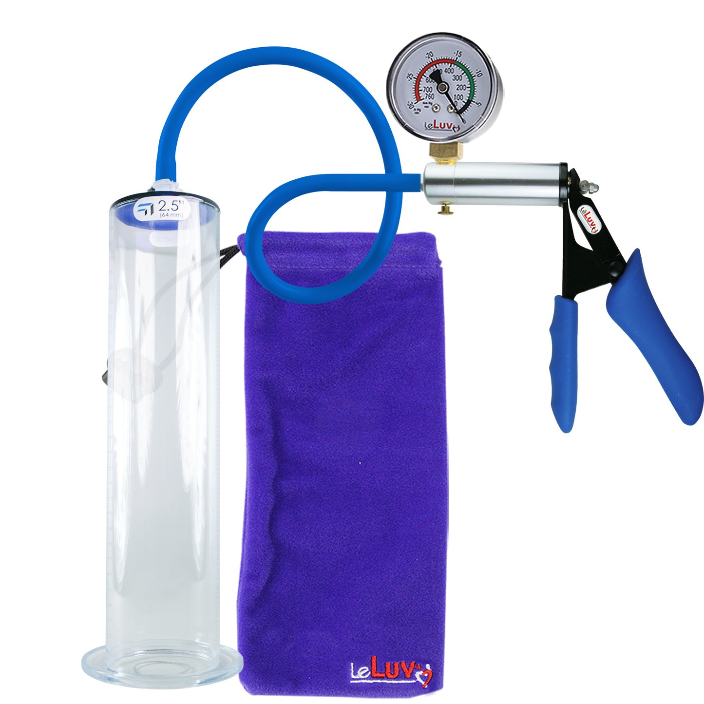 Ultima Silver Blue Silicone Grip, Silicone Hose | Penis Pump + Gauge | 12" x 2.50" Wide Flange Cylinder