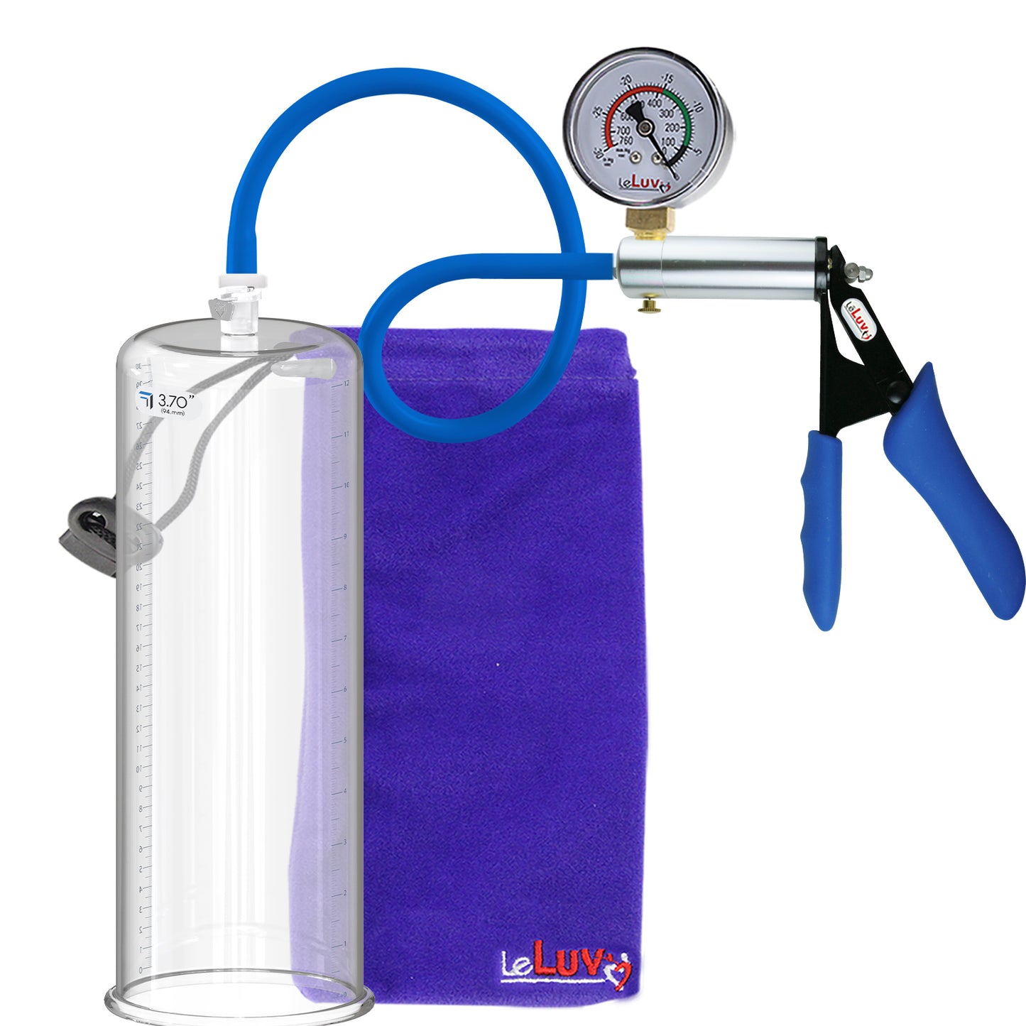 Ultima Silver Blue Silicone Grip, Silicone Hose | Penis Pump + Gauge | 12" x 3.70" Cylinder