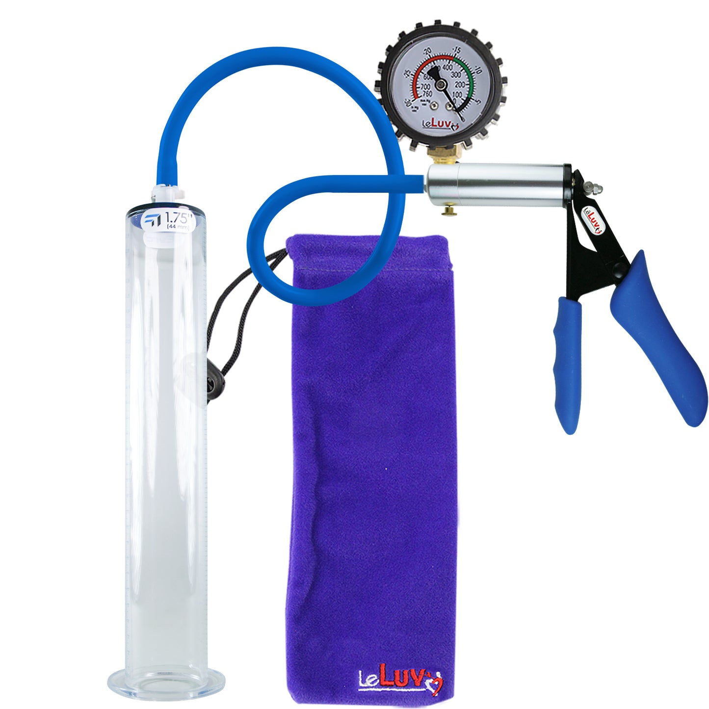 Ultima Silver Blue Silicone Grip, Silicone Hose | Penis Pump + Protected Gauge | 12" x 1.75" Wide Flange Cylinder