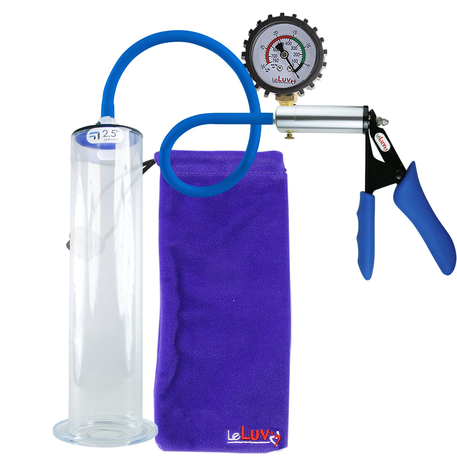 Ultima Silver Blue Silicone Grip, Silicone Hose | Penis Pump + Protected Gauge | 12" x 2.50" Wide Flange Cylinder