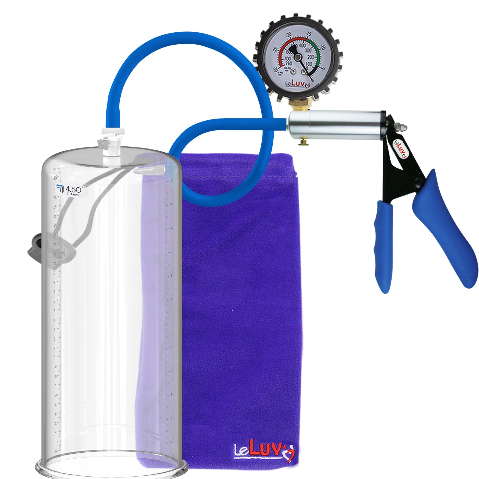 Ultima Silver Blue Silicone Grip, Silicone Hose | Penis Pump + Protected Gauge | 12" x 4.50" Cylinder