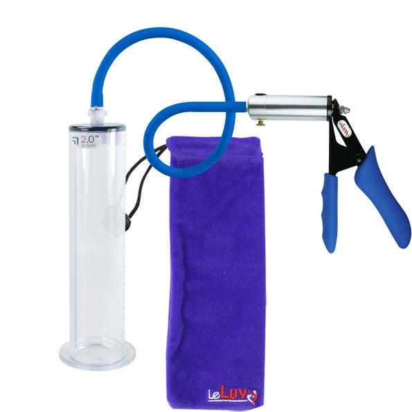 LeLuv® Silver Ultima Premium Penis Pump - Blue Silicone Grips & Hose with Wide Flange Cylinder