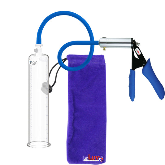 LeLuv® Silver Ultima Premium Penis Pump - Blue Silicone Grips & Hose with Round Flange Cylinder
