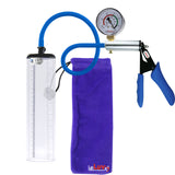 Ultima Silver Blue Penis Pump | Silicone Grip, Silicone Hose + Gauge | 9" x 2.1" Thick-Walled Cylinder