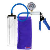 Ultima Silver Blue Penis Pump | Silicone Grip, Silicone Hose + Gauge | 9" x 2.5" Thick-Walled Cylinder