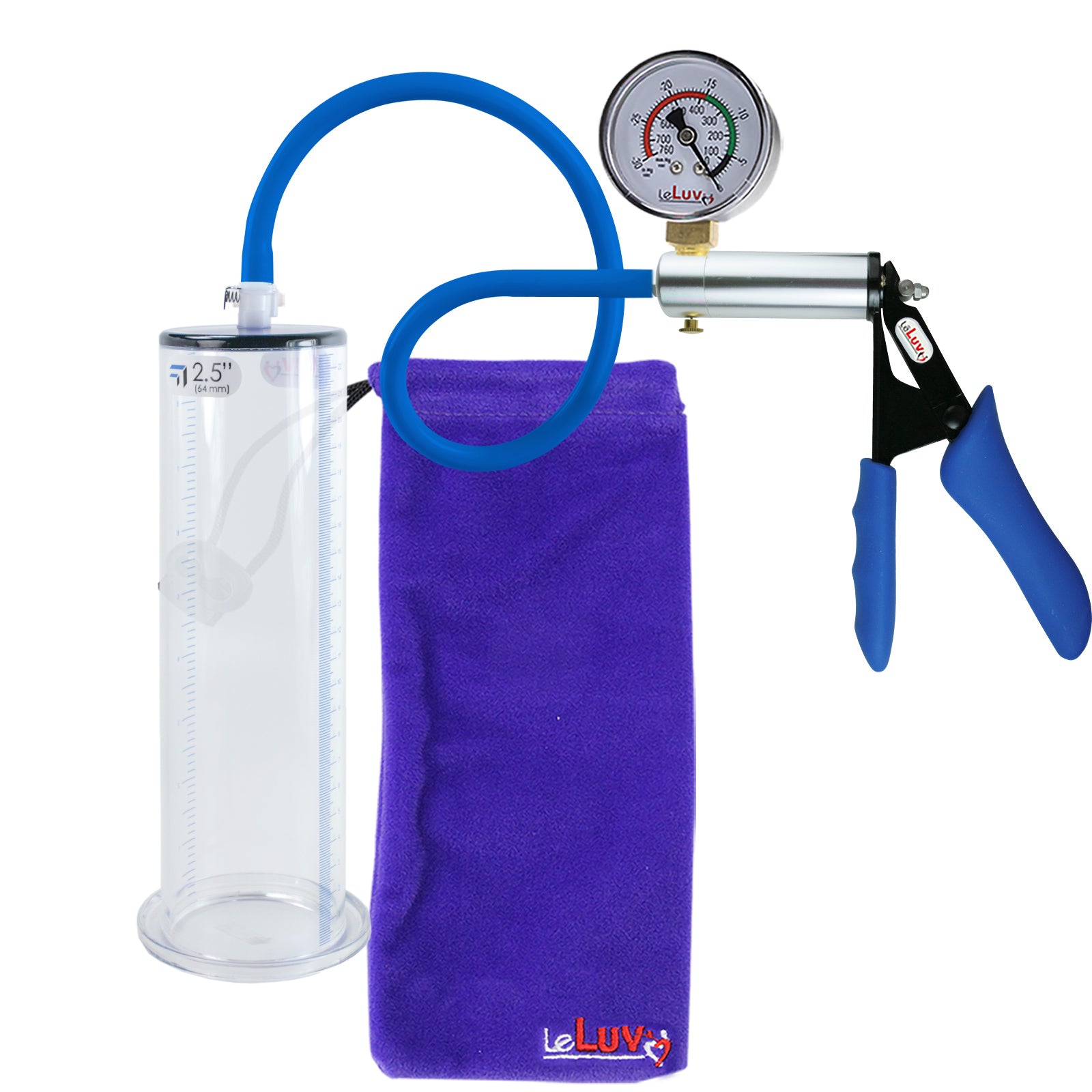 Ultima Silver Blue Silicone Grip, Silicone Hose | Penis Pump + Gauge | 9" x 2.50" Wide Flange Cylinder