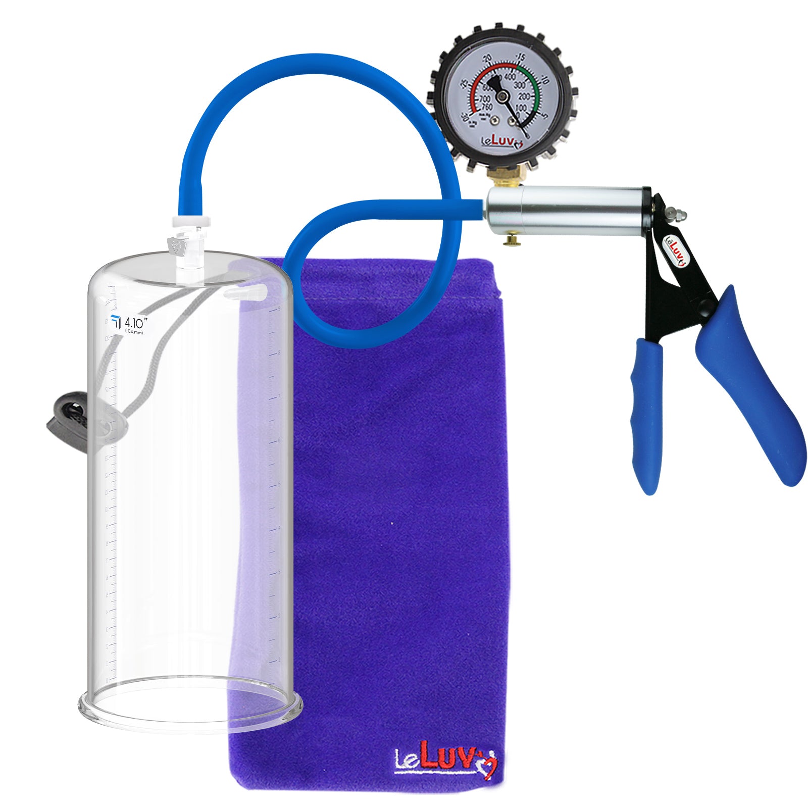 Ultima Silver Blue Silicone Grip, Silicone Hose | Penis Pump + Protected Gauge | 9" x 4.10" Cylinder