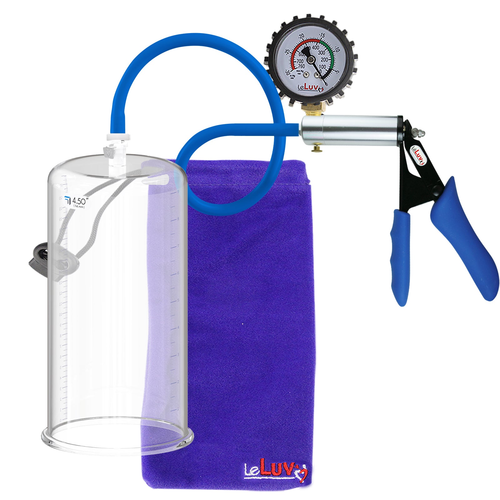 Ultima Silver Blue Silicone Grip, Silicone Hose | Penis Pump + Protected Gauge | 9" x 4.50" Cylinder
