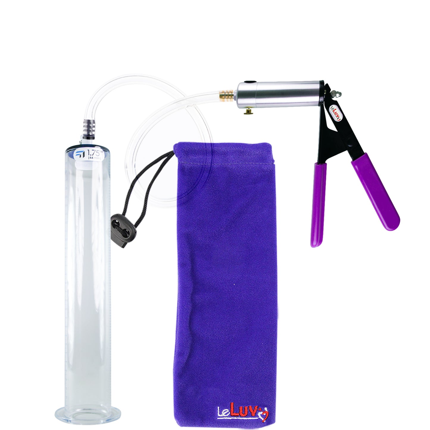 Silver Ultima Penis Pump | Purple Rubber Grip, Clear Hose | 12" Length - 1.75" Diameter WIDE FLANGE Cylinder