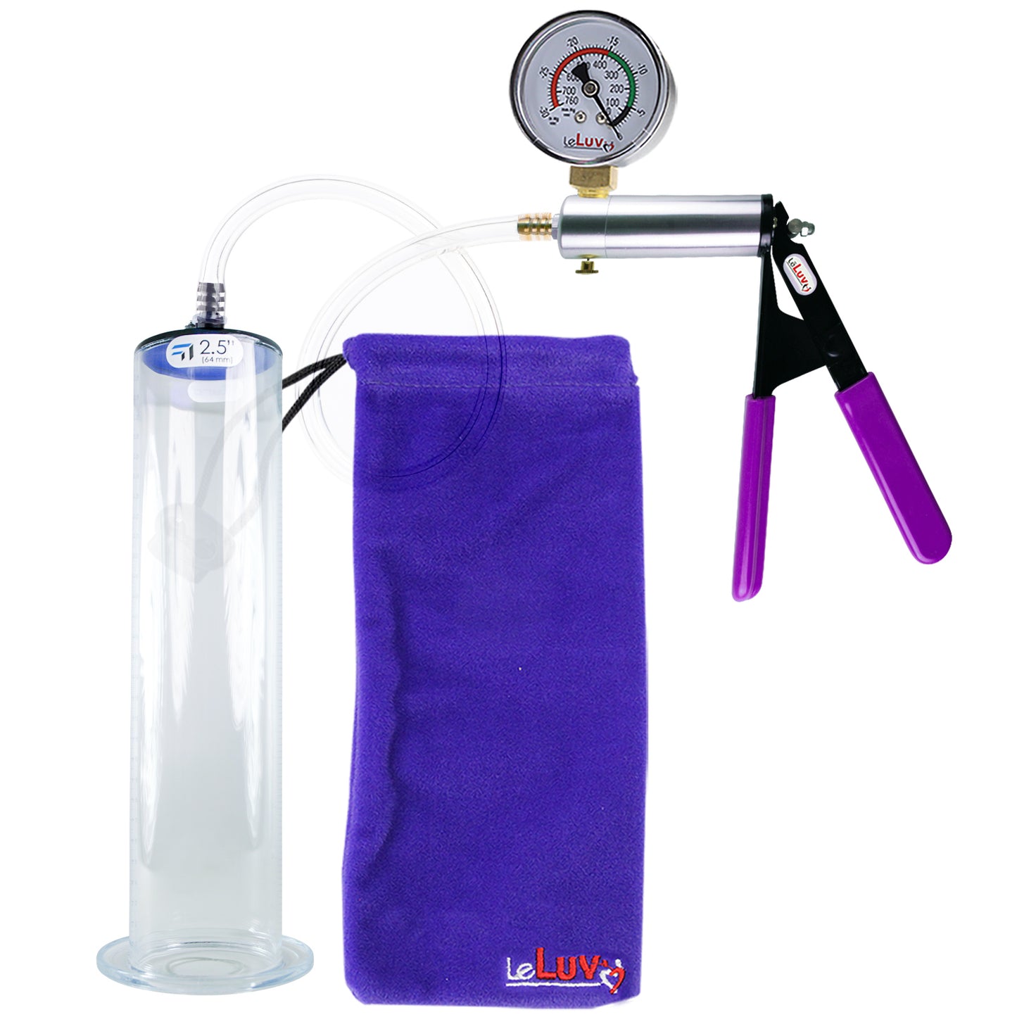 Silver Ultima Penis Pump | Purple Rubber Grip, Clear Hose + Gauge | 12" Length - 2.50" Diameter WIDE FLANGE Cylinder