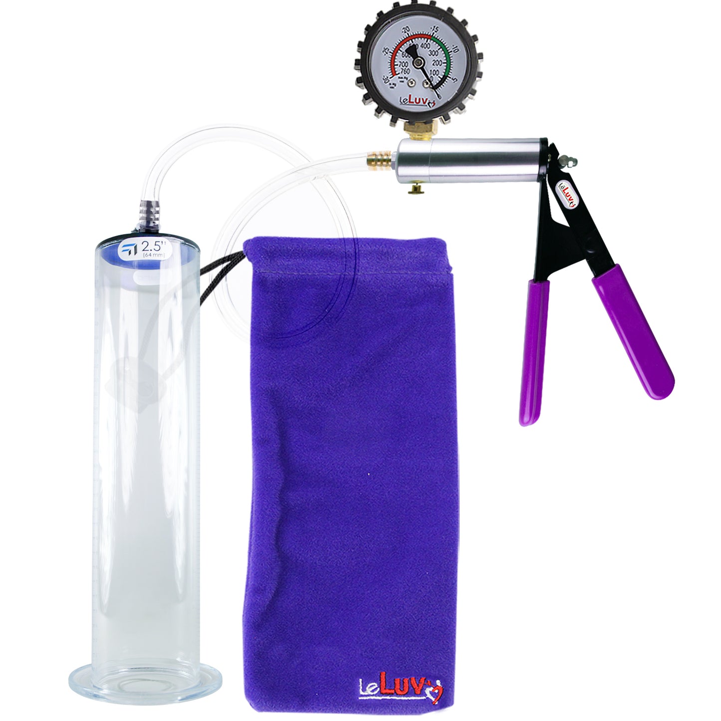 Silver Ultima Penis Pump | Purple Rubber Grip, Clear Hose + Protected Gauge | 12" Length - 2.50" Diameter WIDE FLANGE Cylinder
