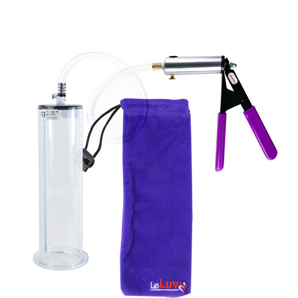 LeLuv® Ultima Penis Pump - Silver Handle with Purple Rubber Grips, Clear Hose - Wide-Flanged Cylinder