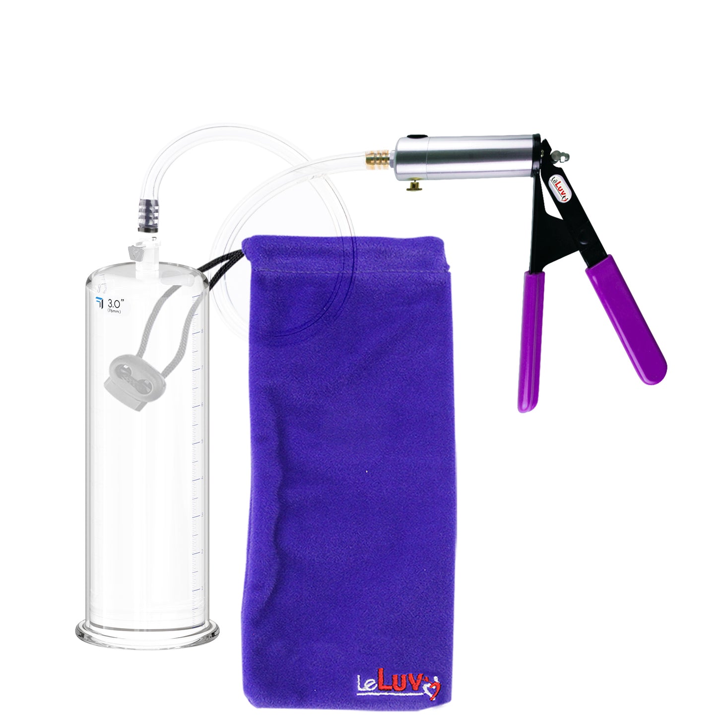 Silver Ultima Penis Pump | Purple Rubber Grip, Clear Hose | 9" Length - 3.00" Cylinder Diameter