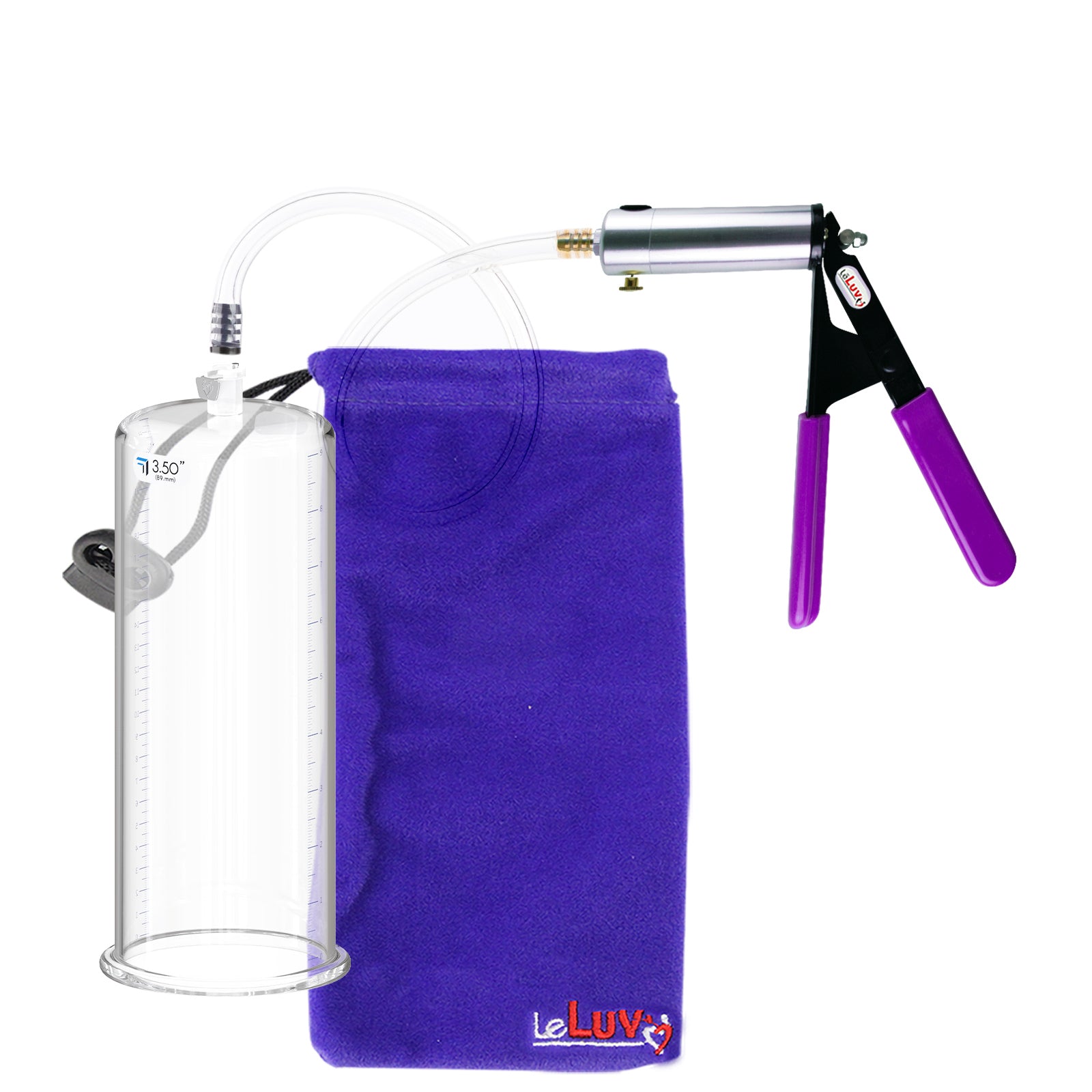 Silver Ultima Penis Pump | Purple Rubber Grip, Clear Hose | 9" Length - 3.50" Cylinder Diameter