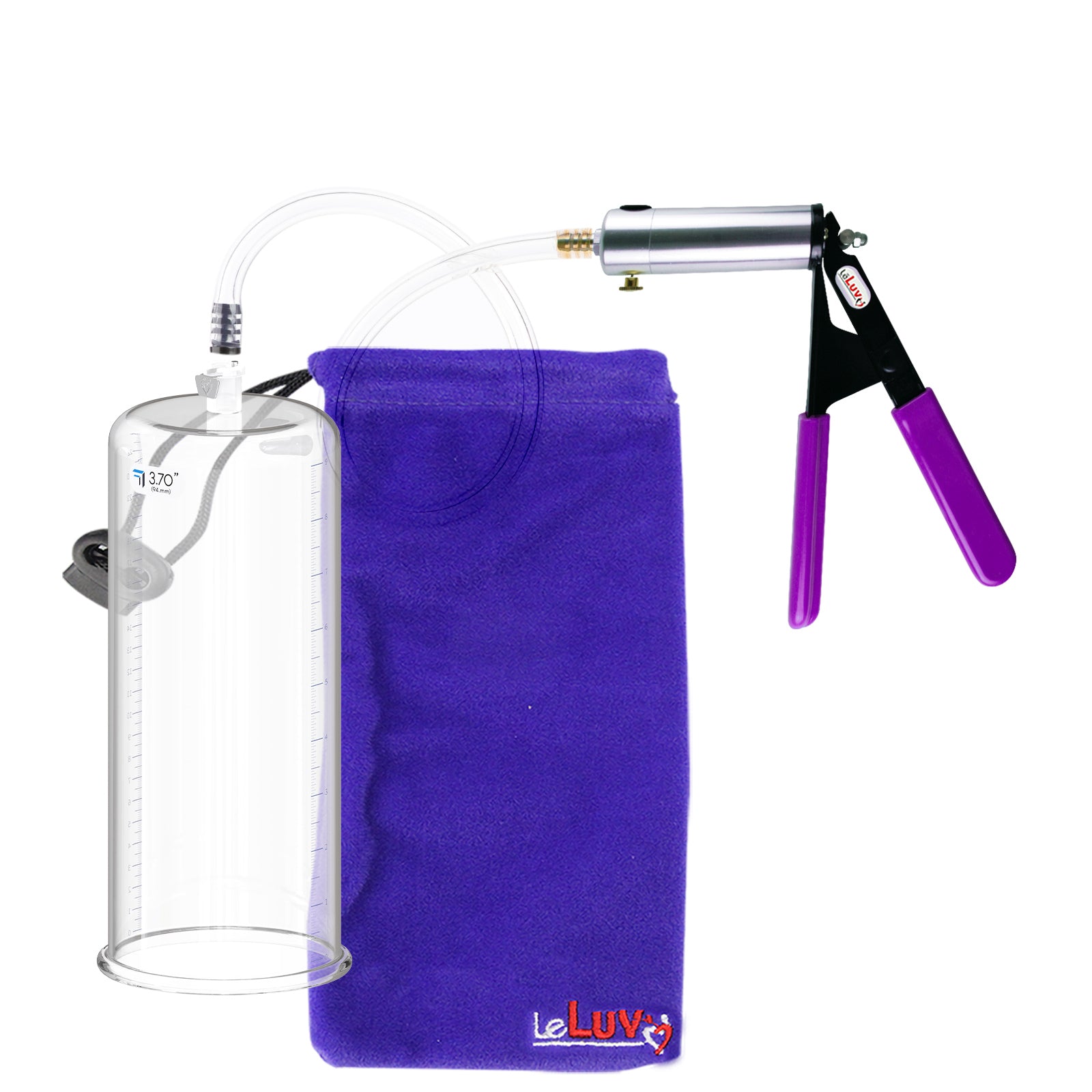 Silver Ultima Penis Pump | Purple Rubber Grip, Clear Hose | 9" Length - 3.70" Cylinder Diameter