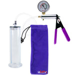 Silver Ultima Penis Pump | Purple Rubber Grip, Clear Hose + Gauge | 9" Length - 2.25" Diameter WIDE FLANGE Cylinder