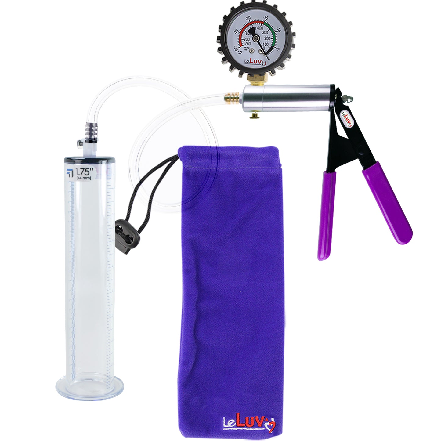 Silver Ultima Penis Pump | Purple Rubber Grip, Clear Hose + Protected Gauge | 9" Length - 1.75" Diameter WIDE FLANGE Cylinder