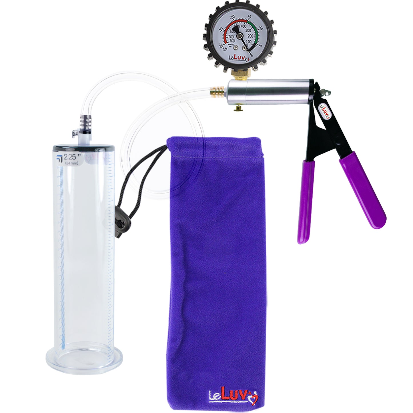 Silver Ultima Penis Pump | Purple Rubber Grip, Clear Hose + Protected Gauge | 9" Length - 2.25" Diameter WIDE FLANGE Cylinder