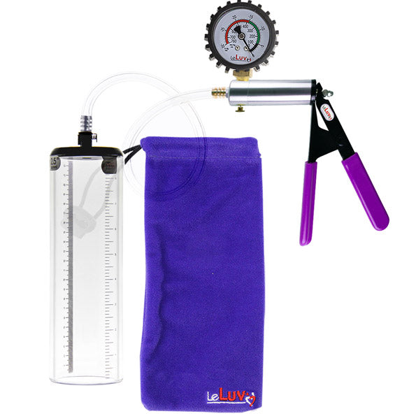 LeLuv® Ultima Penis Pump - Silver Handle with Purple Rubber Grips, Clear Hose - Thick-Walled Cylinder