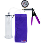 Silver Ultima Penis Pump | Purple Rubber Grip, Clear Hose + Protected Gauge | 9" Length - 2.50" Diameter WIDE FLANGE Cylinder