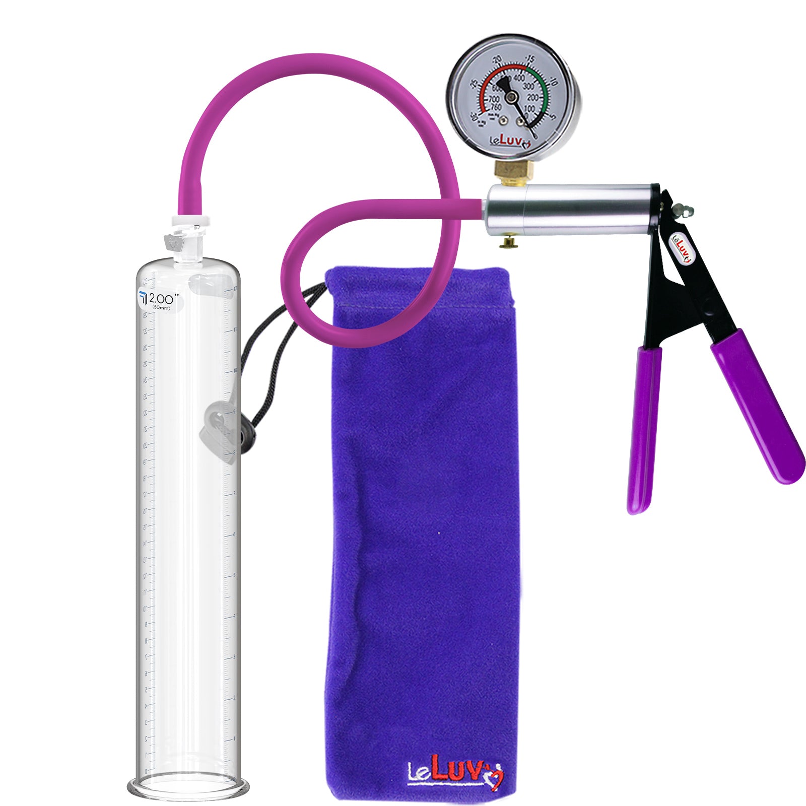 Ultima Silver Purple Penis Pump | Rubber Grip, Silicone Hose + Gauge | 12" Length x 2.00" Cylinder Diameter