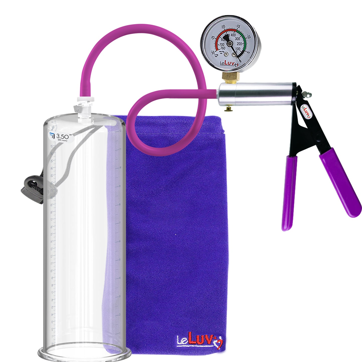 Ultima Silver Purple Penis Pump | Rubber Grip, Silicone Hose + Gauge | 12" Length x 3.50" Cylinder Diameter