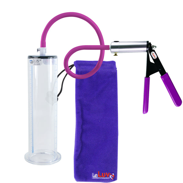 LeLuv® Ultima Silver Penis Pump - Purple Rubber Grip & Silicone Hose - WIDE FLANGE Cylinders