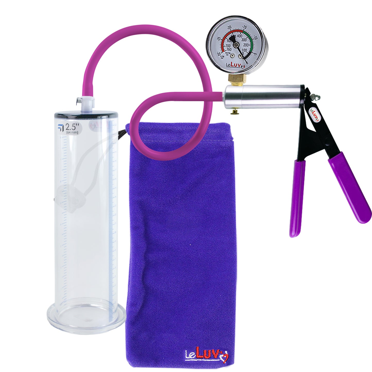Ultima Silver Purple Penis Pump | Rubber Grip, Silicone Hose + Gauge | 9" Length - 2.50" Diameter WIDE FLANGE Cylinder