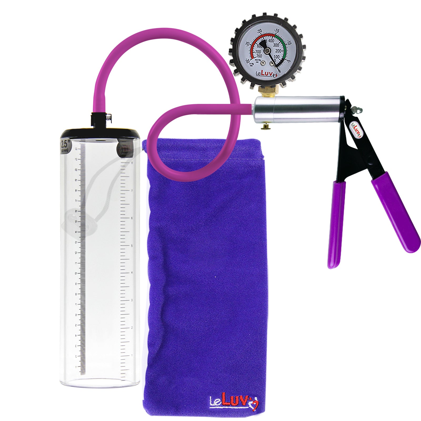 Ultima Silver Purple Penis Pump | Rubber Grip, Silicone Hose + Protected Gauge | 9" x 2.5" Thick-Walled Cylinder