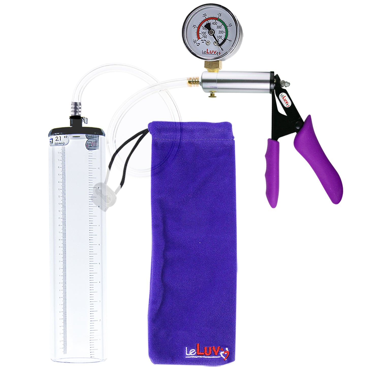 Silver Ultima Penis Pump | Purple Silicone Grip, Clear Hose + Gauge | 12" x 2.1" Thick-Walled Cylinder
