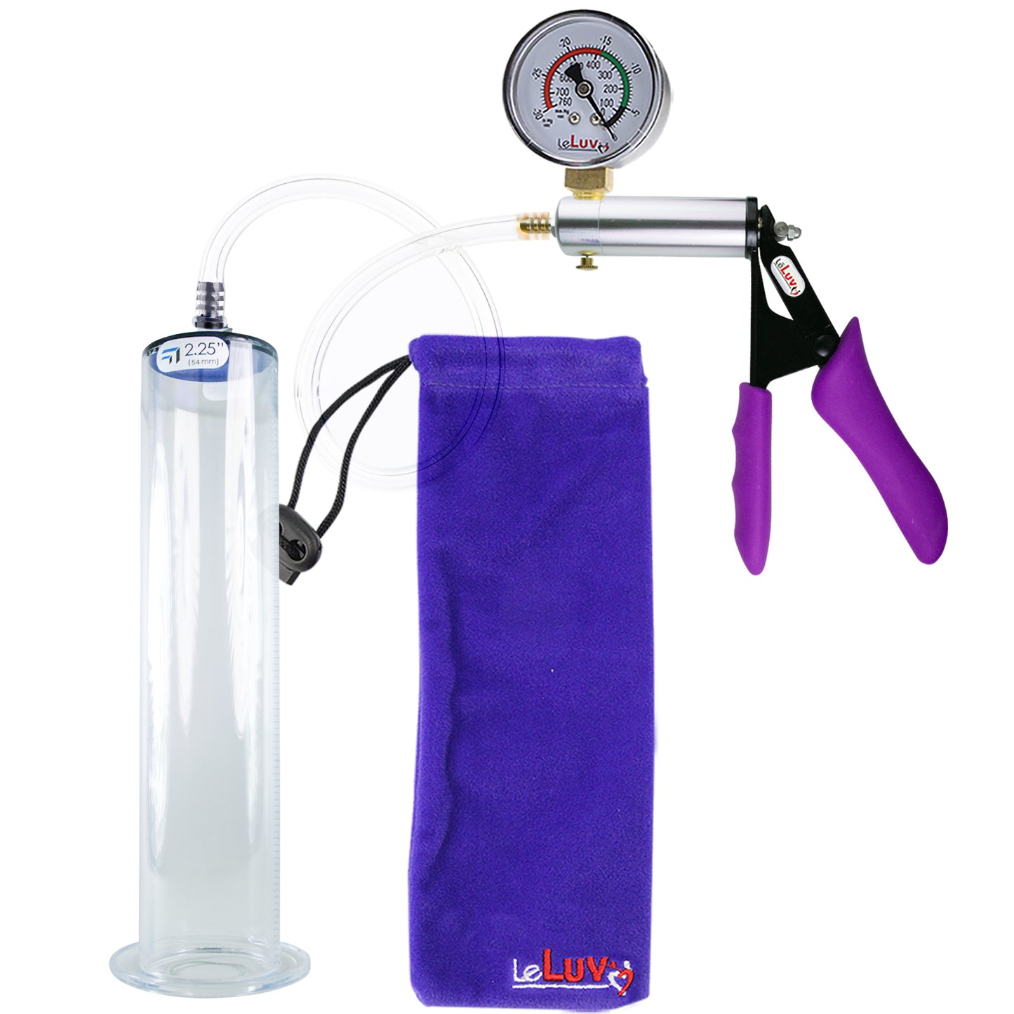 Silver Ultima Penis Pump | Purple Silicone Grip, Clear Hose + Gauge | 12" Length - 2.25" Diameter WIDE FLANGE Cylinder