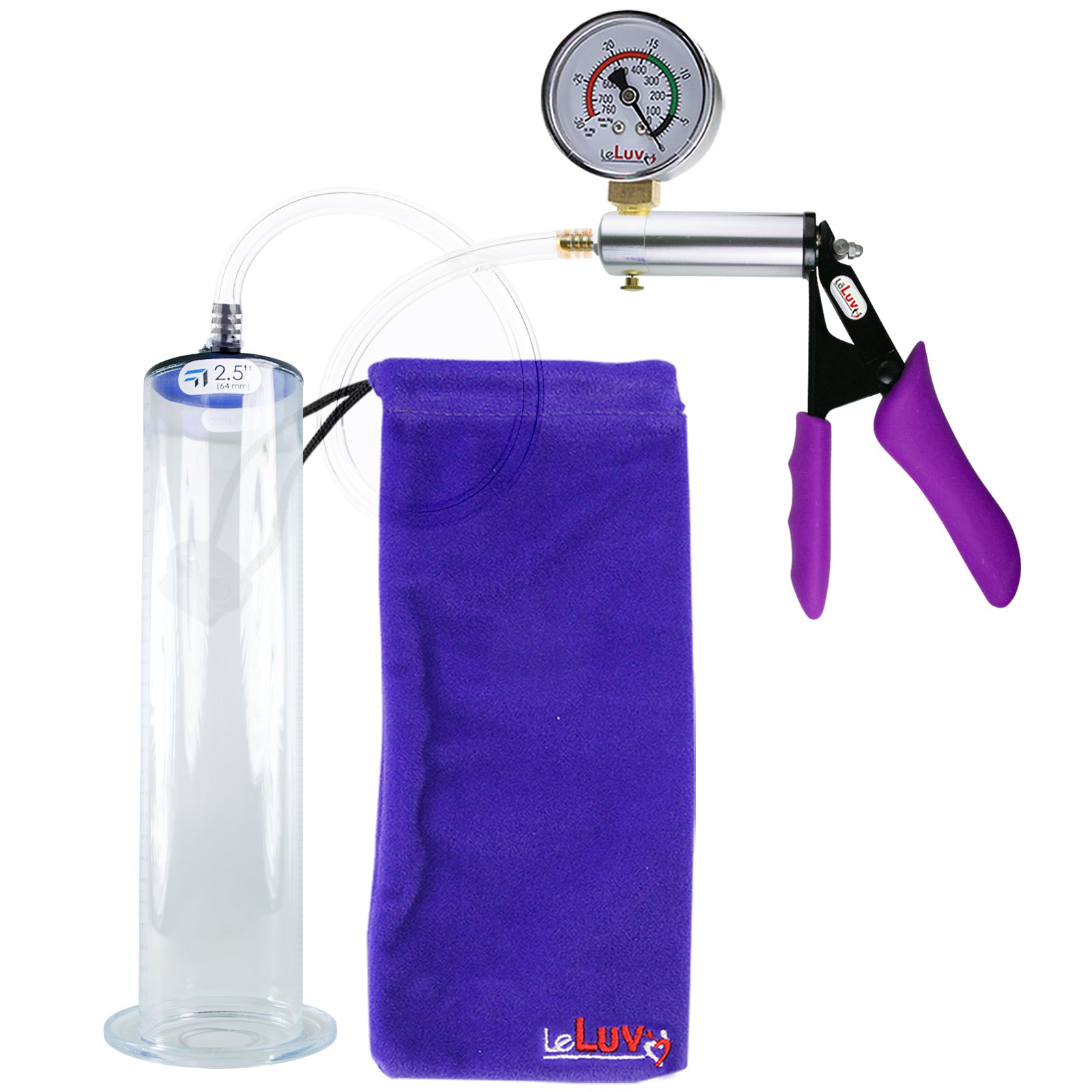 Silver Ultima Penis Pump | Purple Silicone Grip, Clear Hose + Gauge | 12" Length - 2.50" Diameter WIDE FLANGE Cylinder