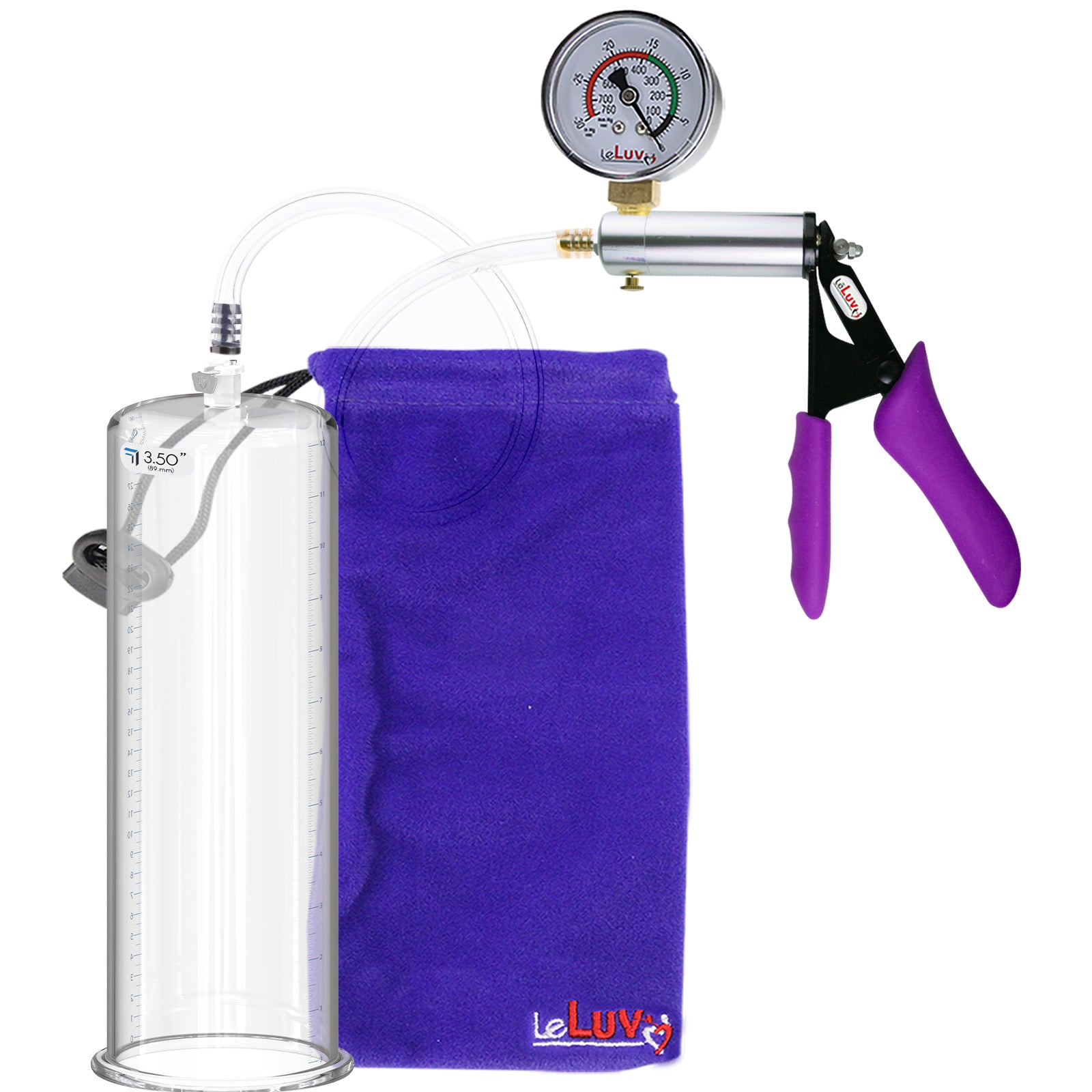 Silver Ultima Penis Pump | Purple Silicone Grip, Clear Hose + Gauge | 12" Length x 3.50" Cylinder Diameter