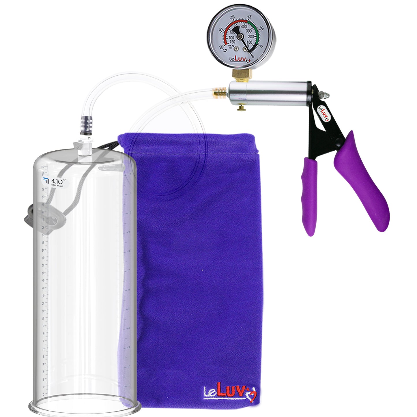Silver Ultima Penis Pump | Purple Silicone Grip, Clear Hose + Gauge | 12" Length x 4.10" Cylinder Diameter