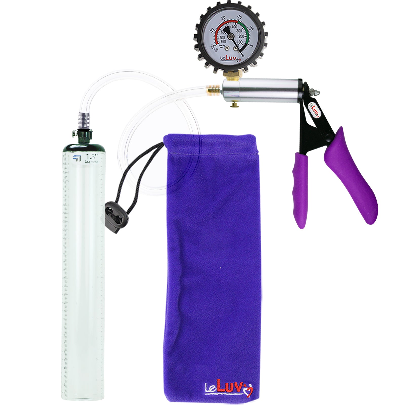 Silver Ultima Penis Pump | Purple Silicone Grip, Clear Hose + Protected Gauge | 12" x 1.3" Thick-Walled Cylinder