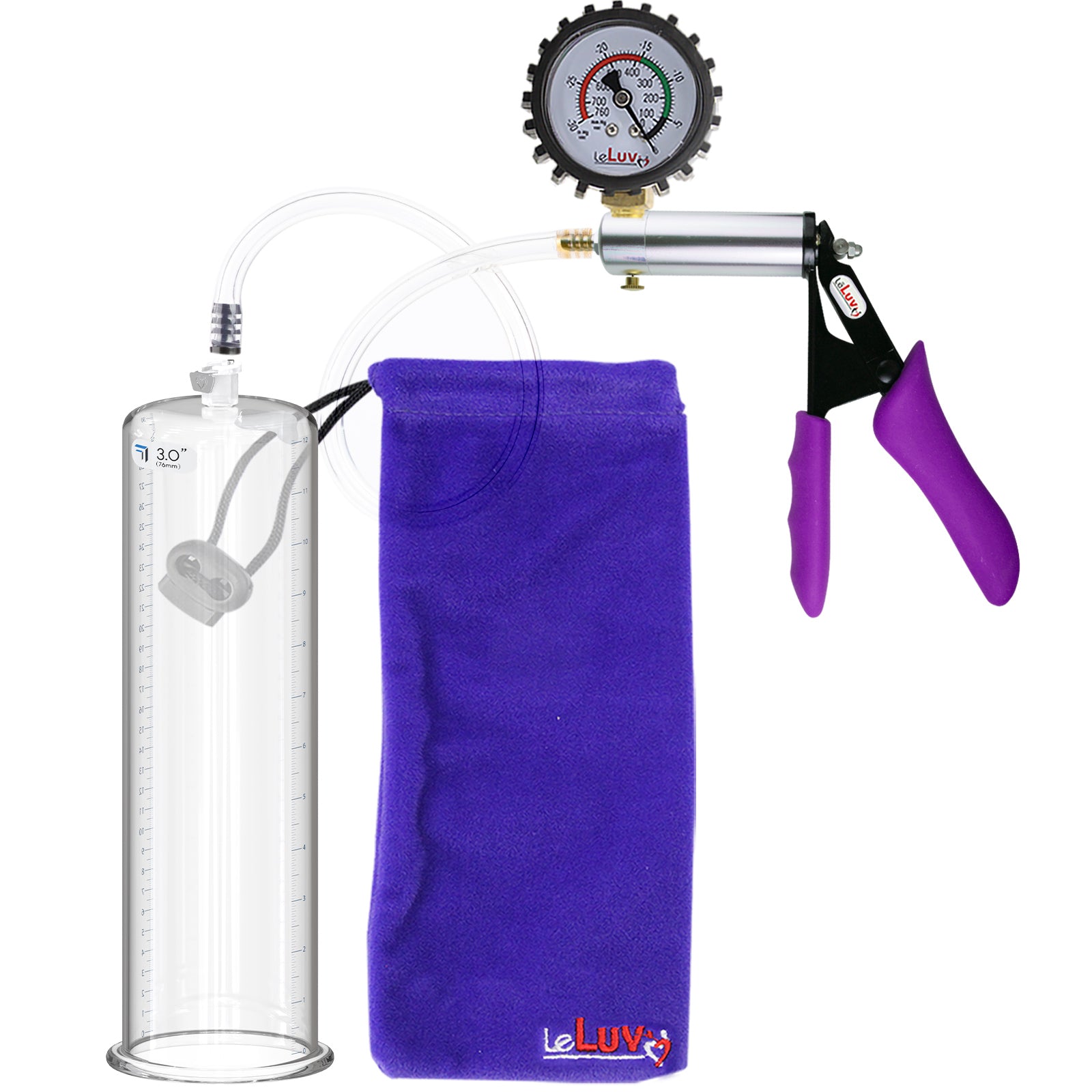 Silver Ultima Penis Pump | Purple Silicone Grip, Clear Hose + Protected Gauge | 12" Length 3.00" Cylinder Diameter
