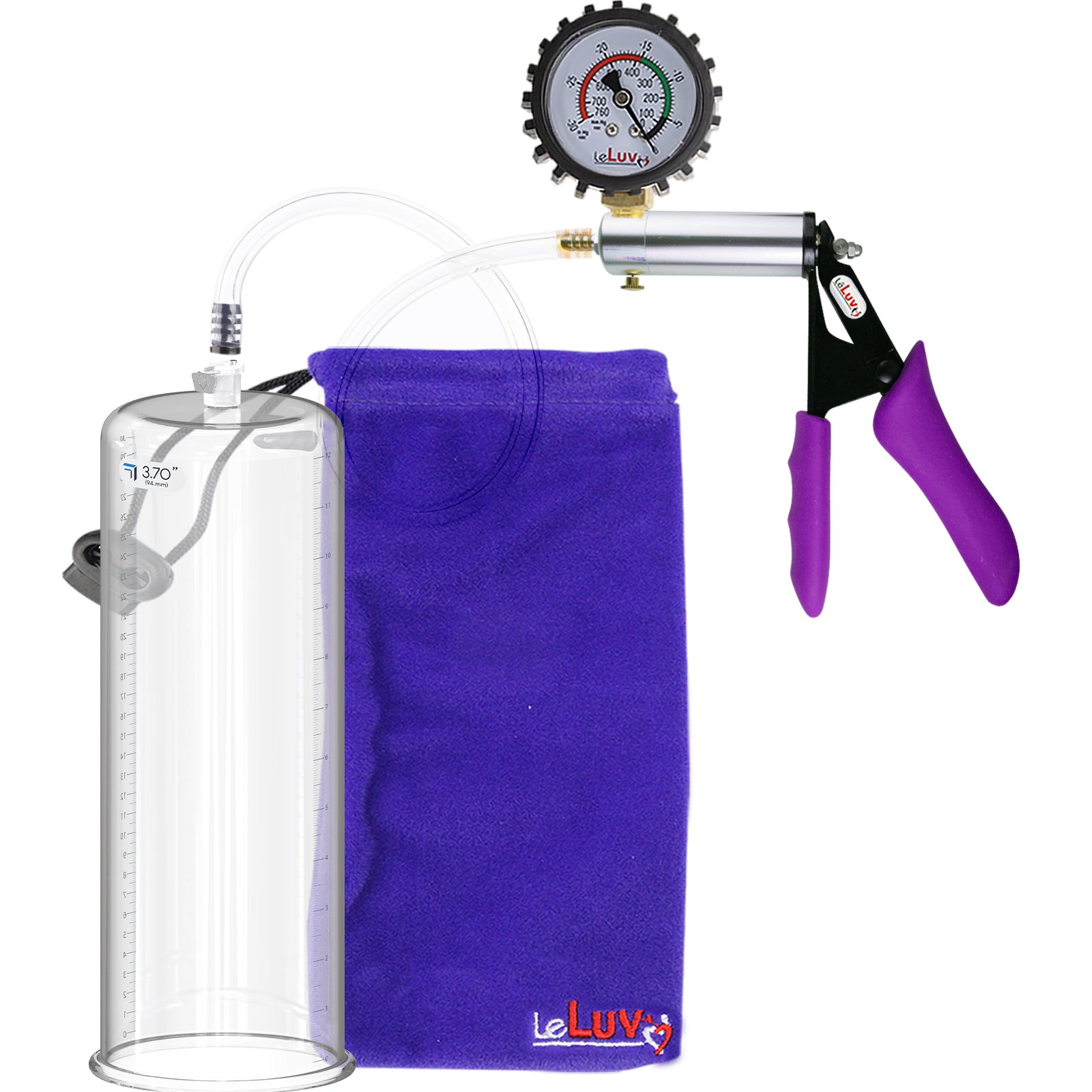 Silver Ultima Penis Pump | Purple Silicone Grip, Clear Hose + Protected Gauge | 9" Length 3.70" Cylinder Diameter
