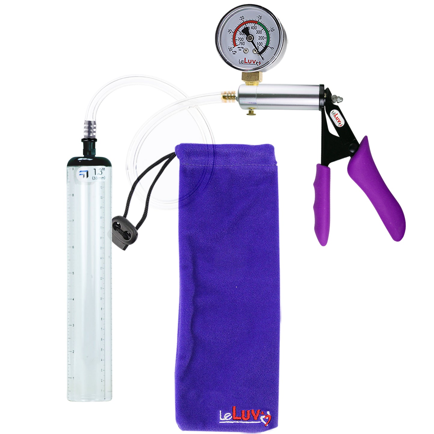 Silver Ultima Penis Pump | Purple Silicone Grip, Clear Hose + Gauge | 9" x 1.3" Thick-Walled Cylinder