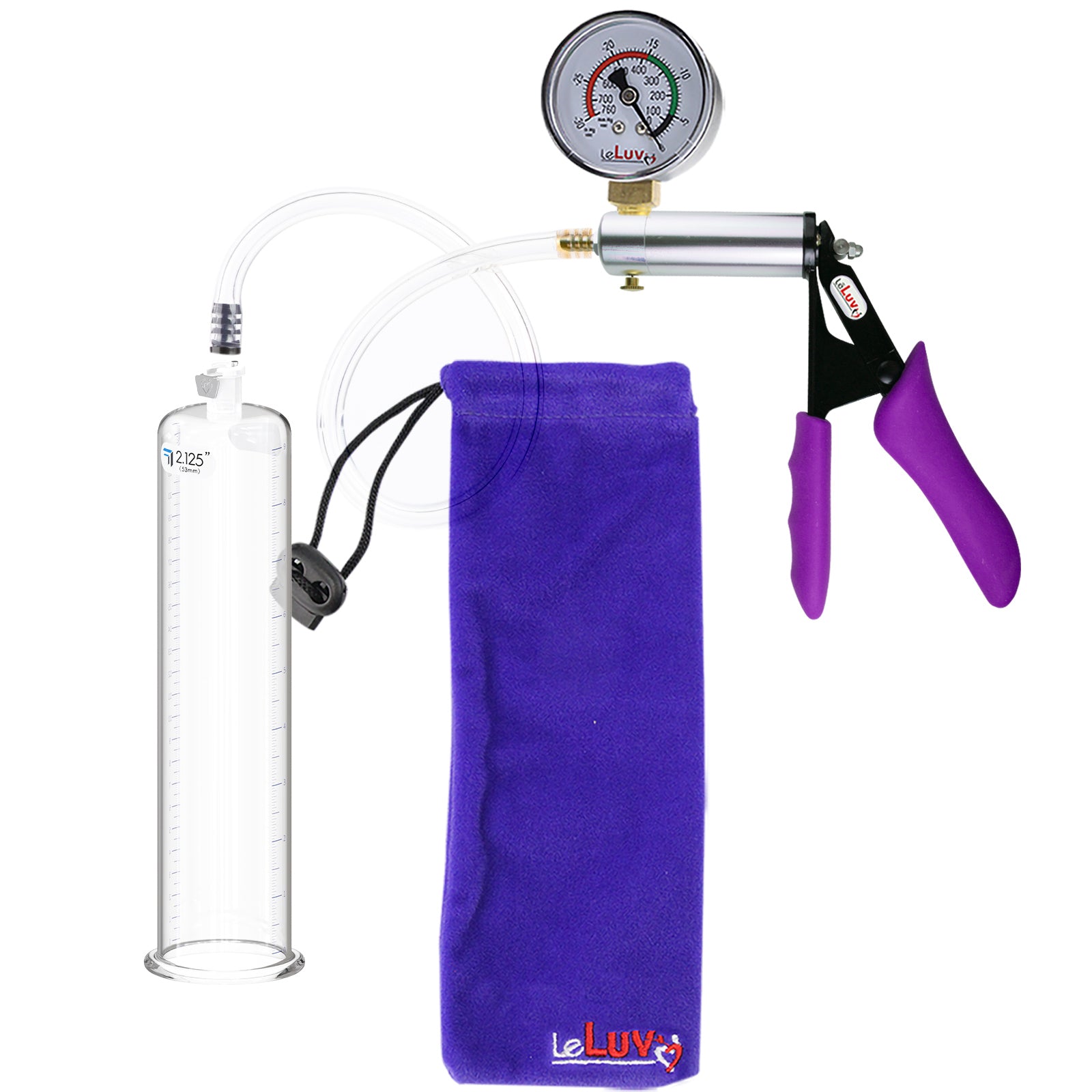 Silver Ultima Penis Pump | Purple Silicone Grip, Clear Hose + Gauge | 9" Length x 2.125" Cylinder Diameter