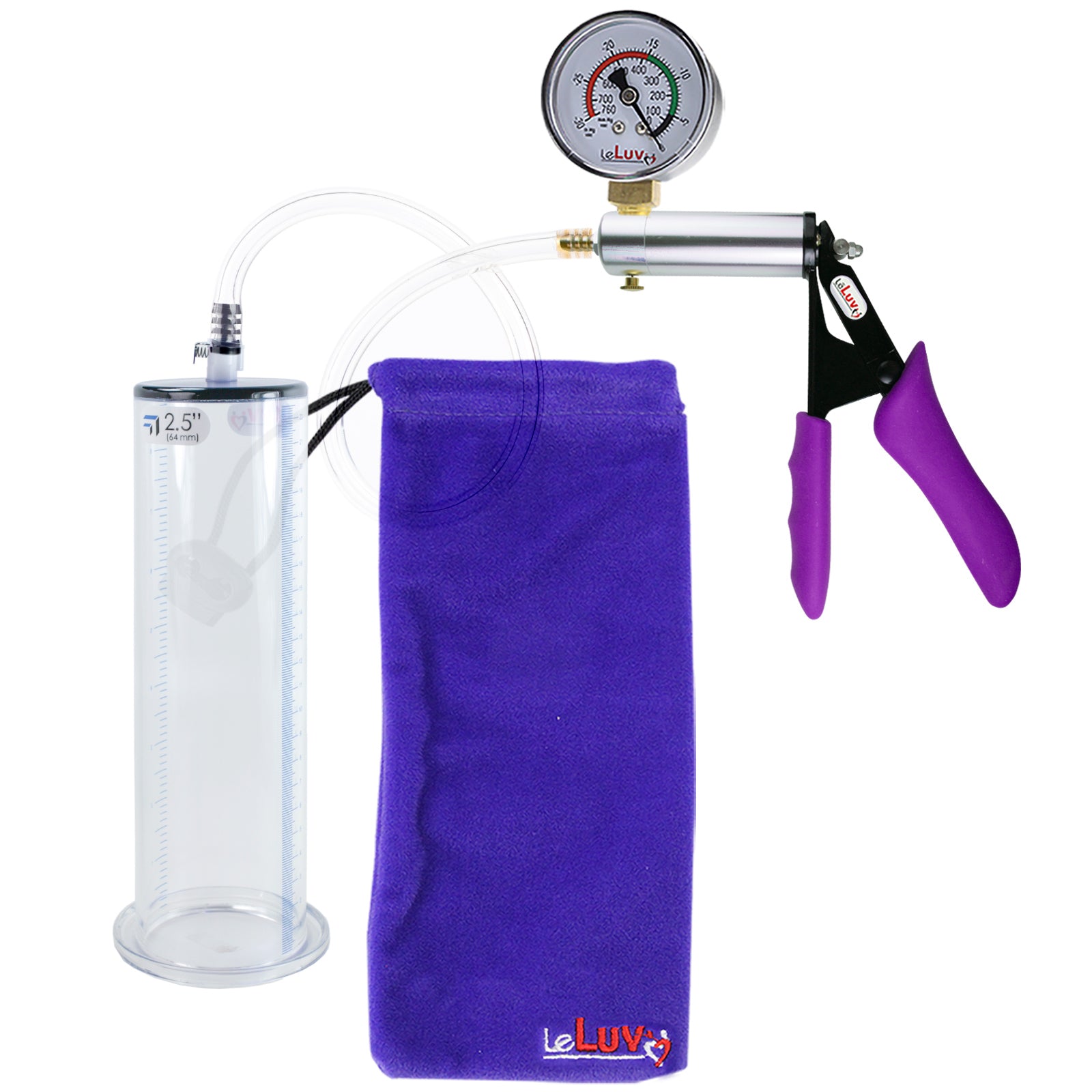 Silver Ultima Penis Pump | Purple Silicone Grip, Clear Hose + Gauge | 9" Length - 2.50" Diameter WIDE FLANGE Cylinder