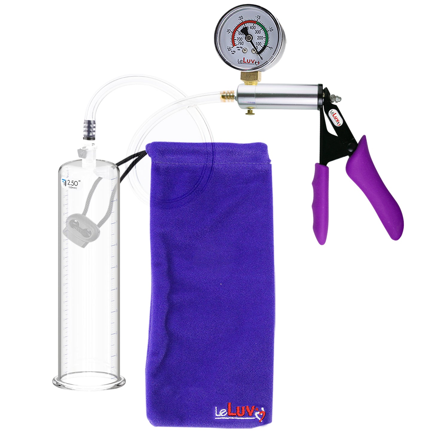 Silver Ultima Penis Pump | Purple Silicone Grip, Clear Hose + Gauge | 9" Length x 2.50" Cylinder Diameter