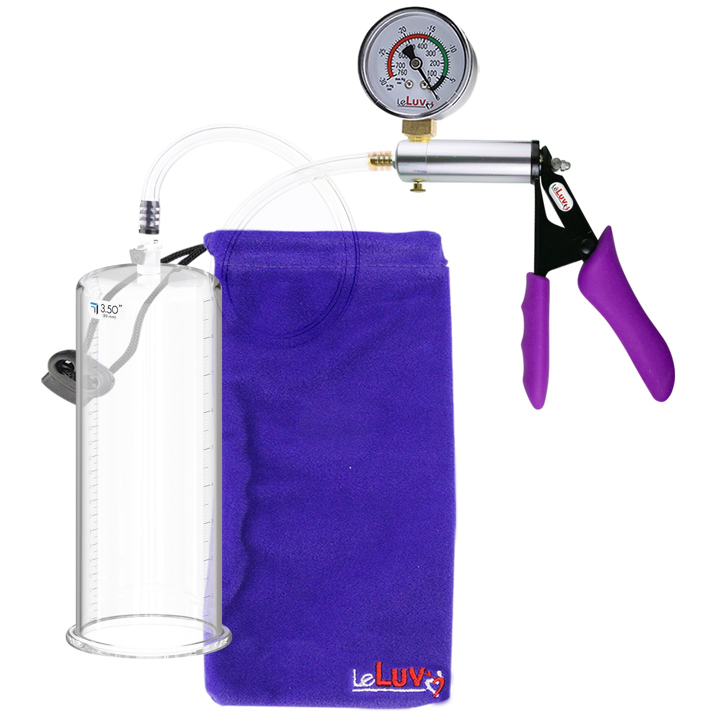 Silver Ultima Penis Pump | Purple Silicone Grip, Clear Hose + Gauge | 9" Length x 3.50" Cylinder Diameter
