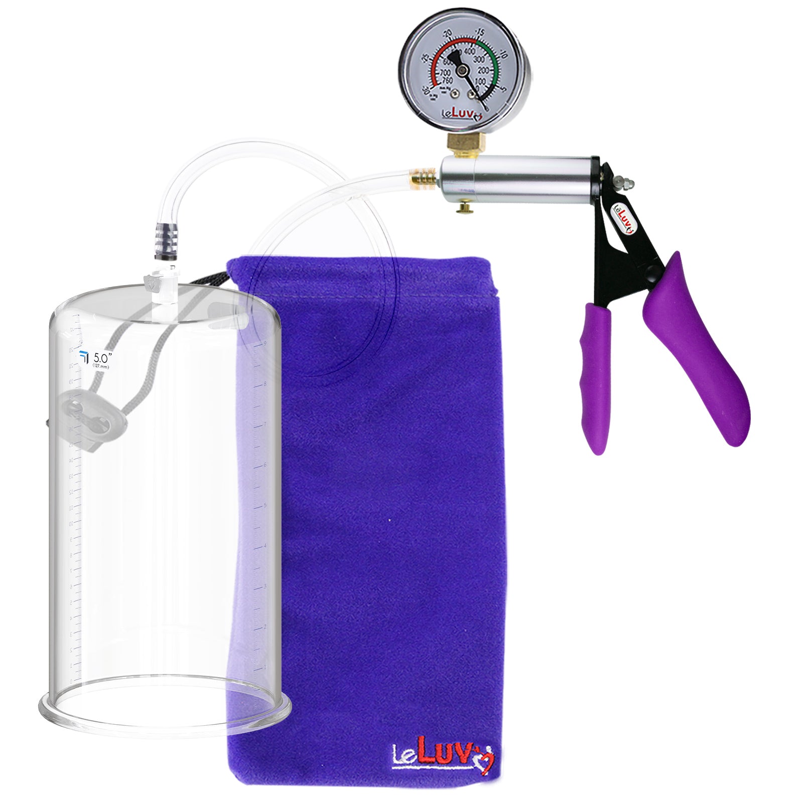 Silver Ultima Penis Pump | Purple Silicone Grip, Clear Hose + Gauge | 9" Length x 5.00" Cylinder Diameter