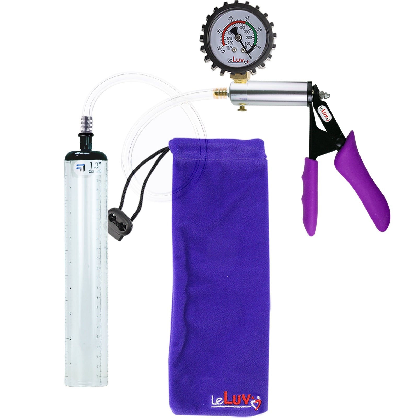 Silver Ultima Penis Pump | Purple Silicone Grip, Clear Hose + Protected Gauge | 9" x 1.3" Thick-Walled Cylinder