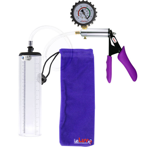 LeLuv® Ultima Penis Pump - Silver Handle with Purple Silicone Grips, Clear Hose - Thick-Walled Cylinder