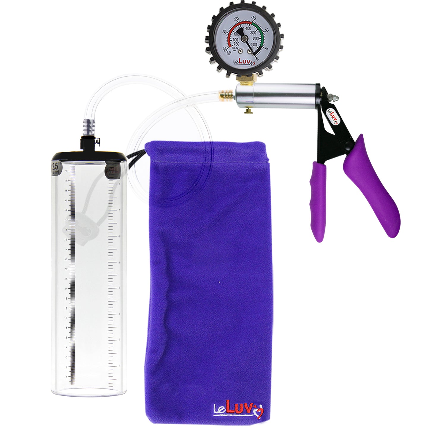 Silver Ultima Penis Pump | Purple Silicone Grip, Clear Hose + Protected Gauge | 9" x 2.5" Thick-Walled Cylinder
