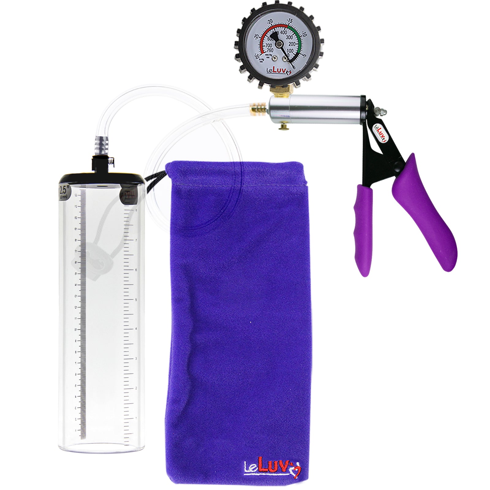 Silver Ultima Penis Pump | Purple Silicone Grip, Clear Hose + Protected Gauge | 9" x 2.5" Thick-Walled Cylinder