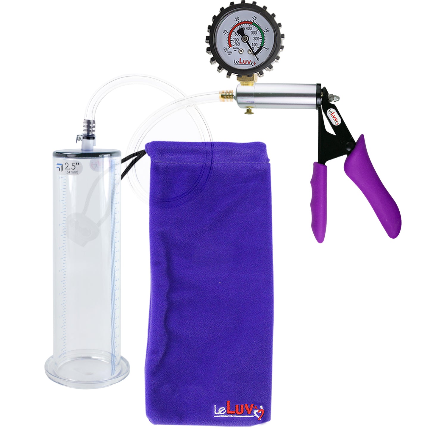 Silver Ultima Penis Pump | Purple Silicone Grip, Clear Hose + Protected Gauge | 9" Length - 2.50" Diameter WIDE FLANGE Cylinder